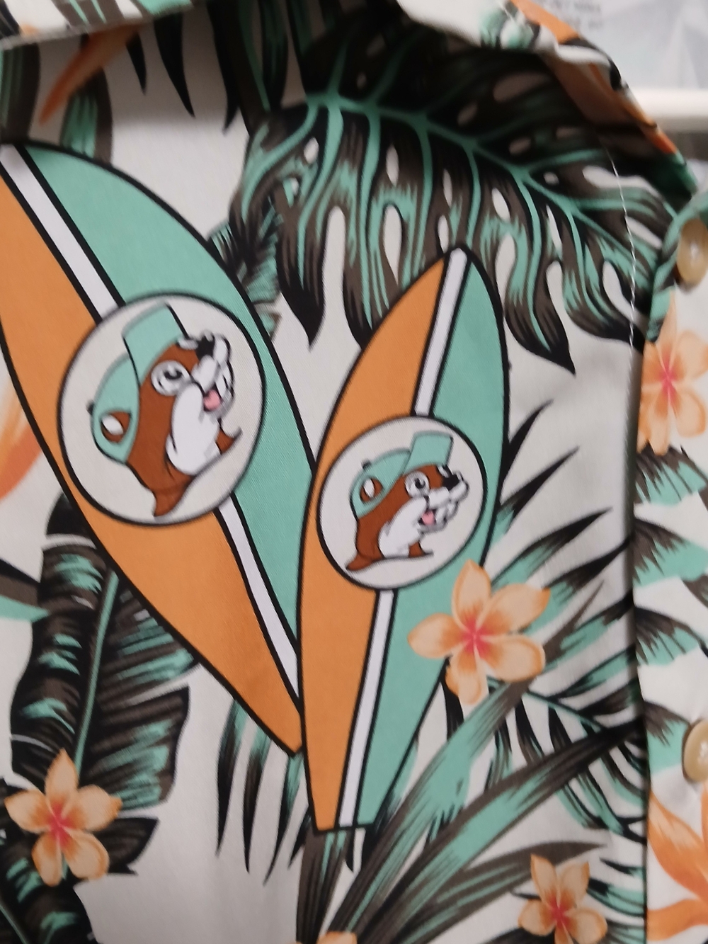 Men's Floral Surf Print Short-Sleeve Button-Down Shirt - White/Green/Orange - Picture 2 of 3